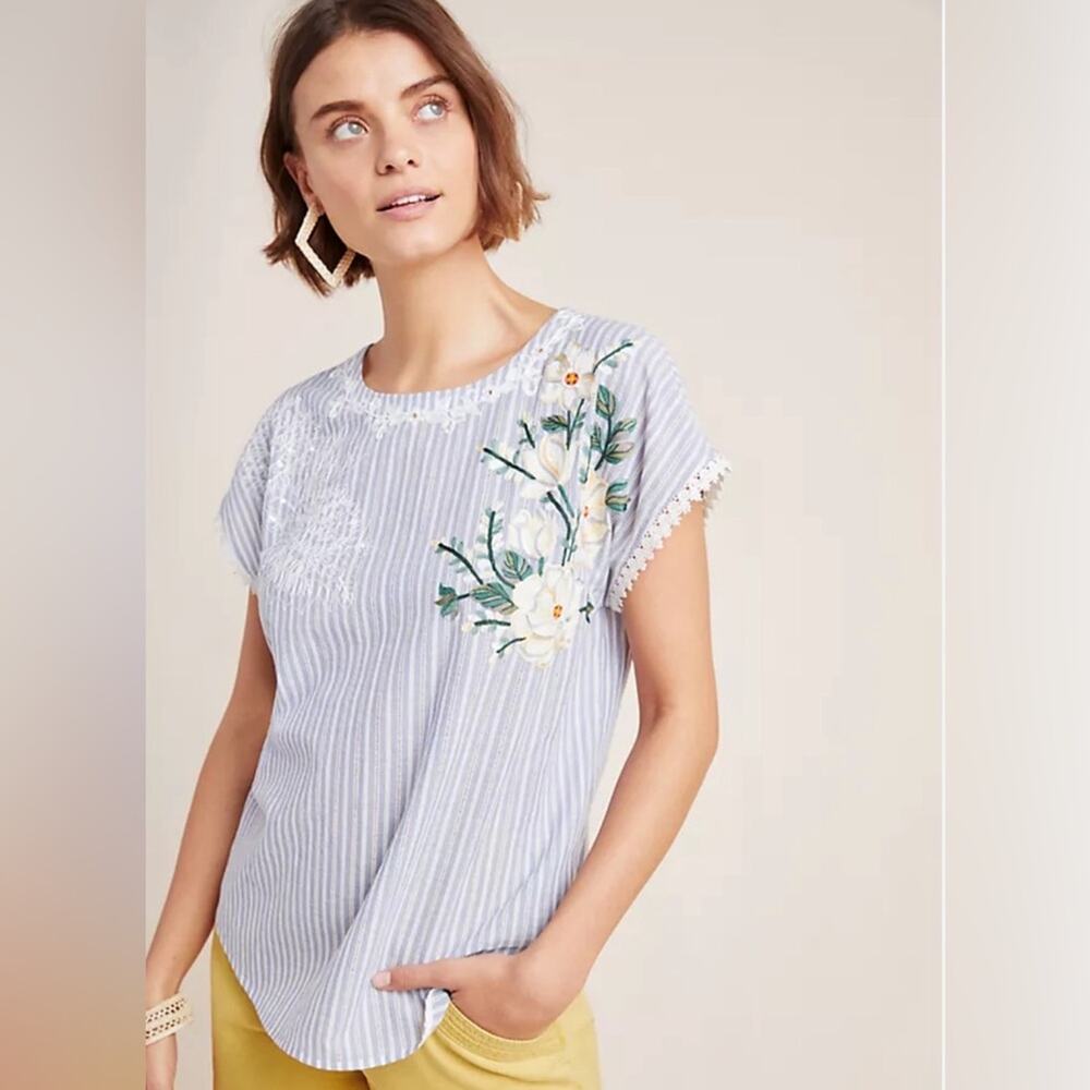 Anthropologie Pankaj & Nidhi Cotton striped embroidered sequined floral  top. M